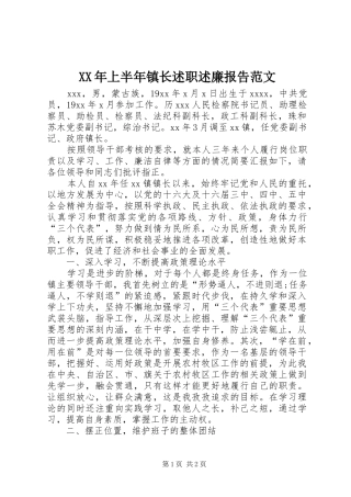 XX年上半年镇长述职述廉报告范文