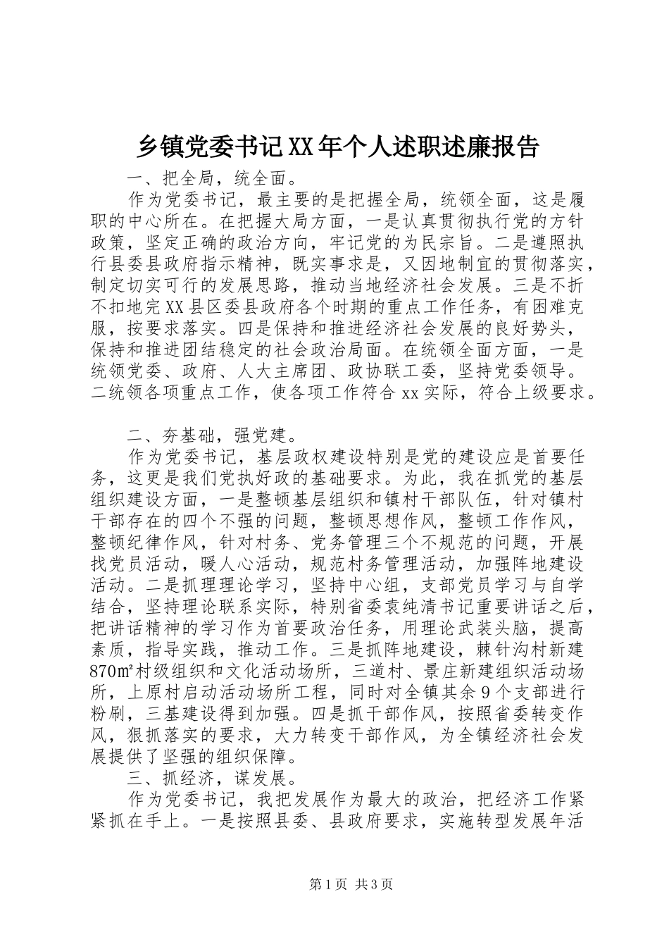 乡镇党委书记XX年个人述职述廉报告_第1页