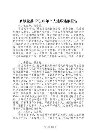 乡镇党委书记XX年个人述职述廉报告