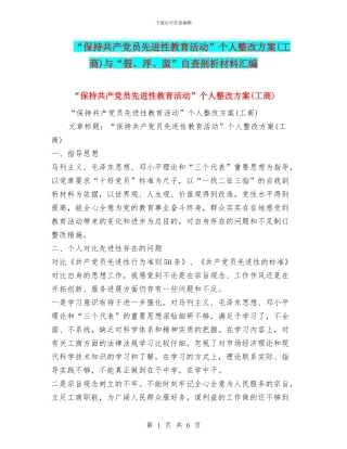 “保持共产党员先进性教育活动”个人整改方案(工商)与“假、浮、蛮”自查剖析材料汇编