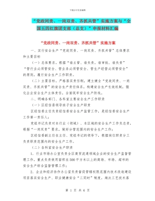 “党政同责、一岗双责、齐抓共管”实施方案与“全国五四红旗团支部”申报材料汇编