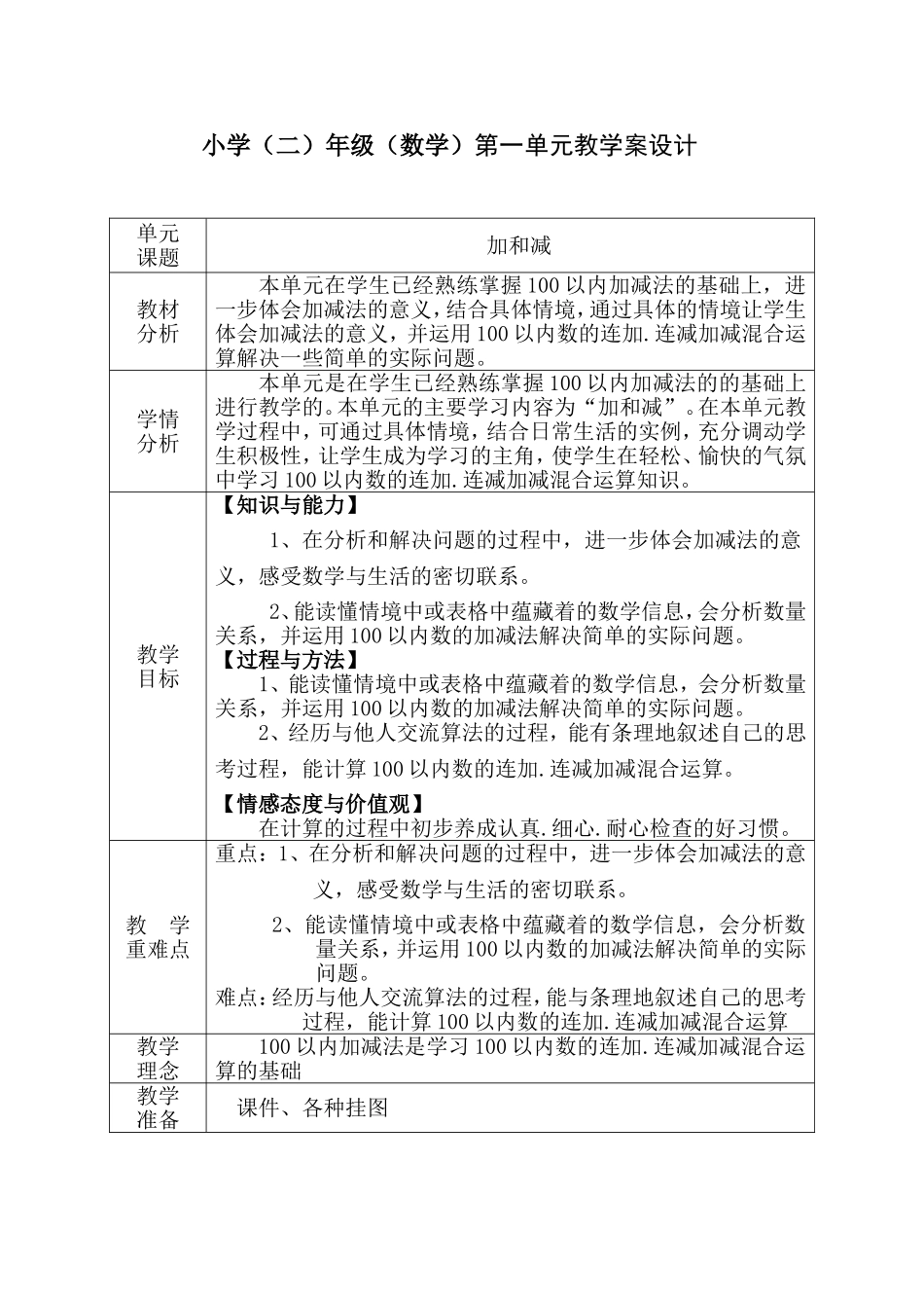 小学(二)年级（数学）第一单元教学案设计_第1页