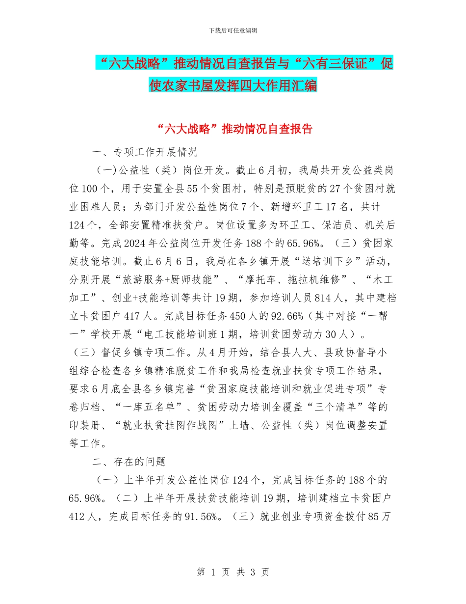 “六大战略”推进情况自查报告与“六有三保证”促使农家书屋发挥四大作用汇编_第1页
