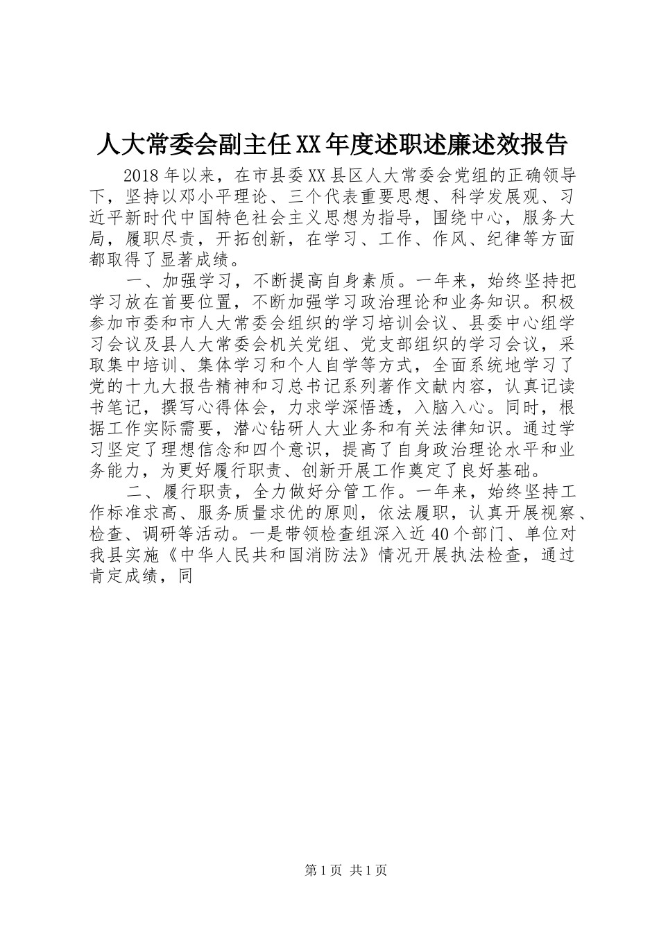 人大常委会副主任XX年度述职述廉述效报告_第1页