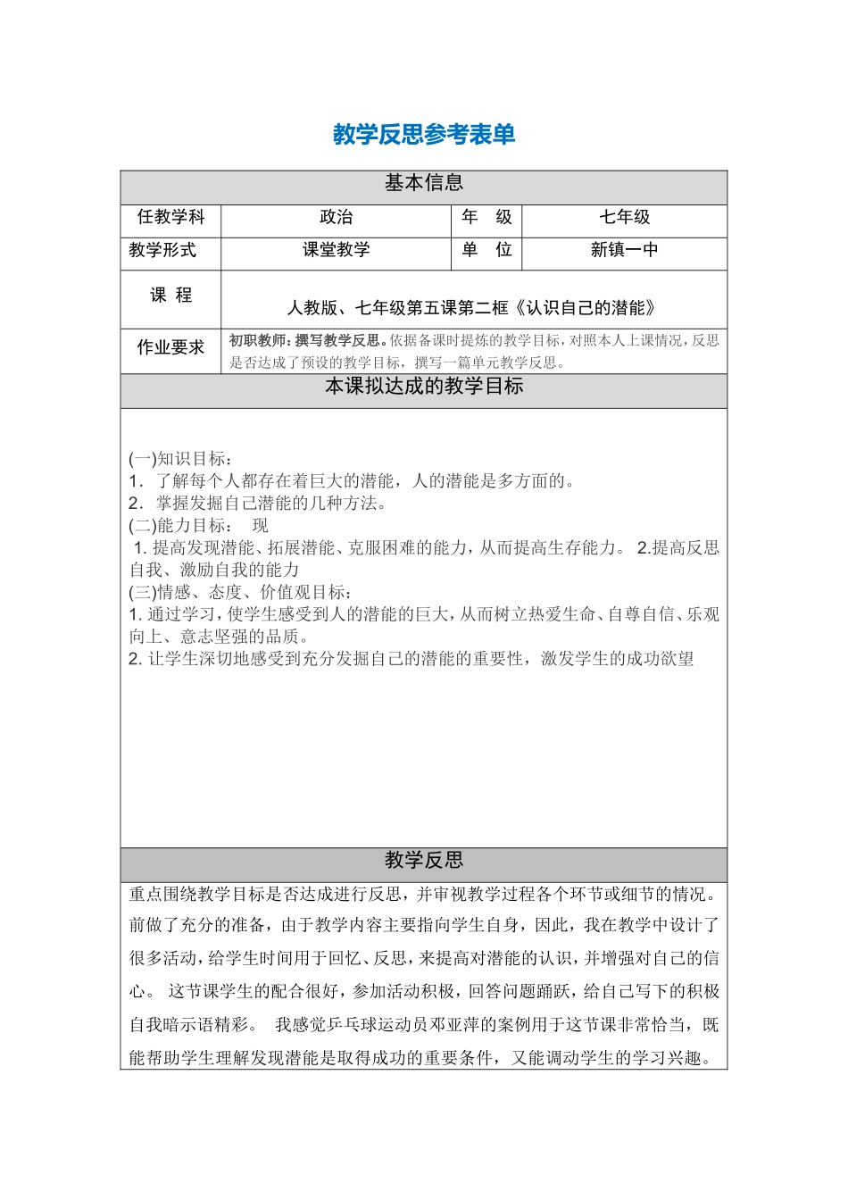 初职教师教学反思参考表单_第1页