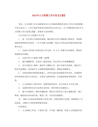 2020年人力资源工作计划【五篇】