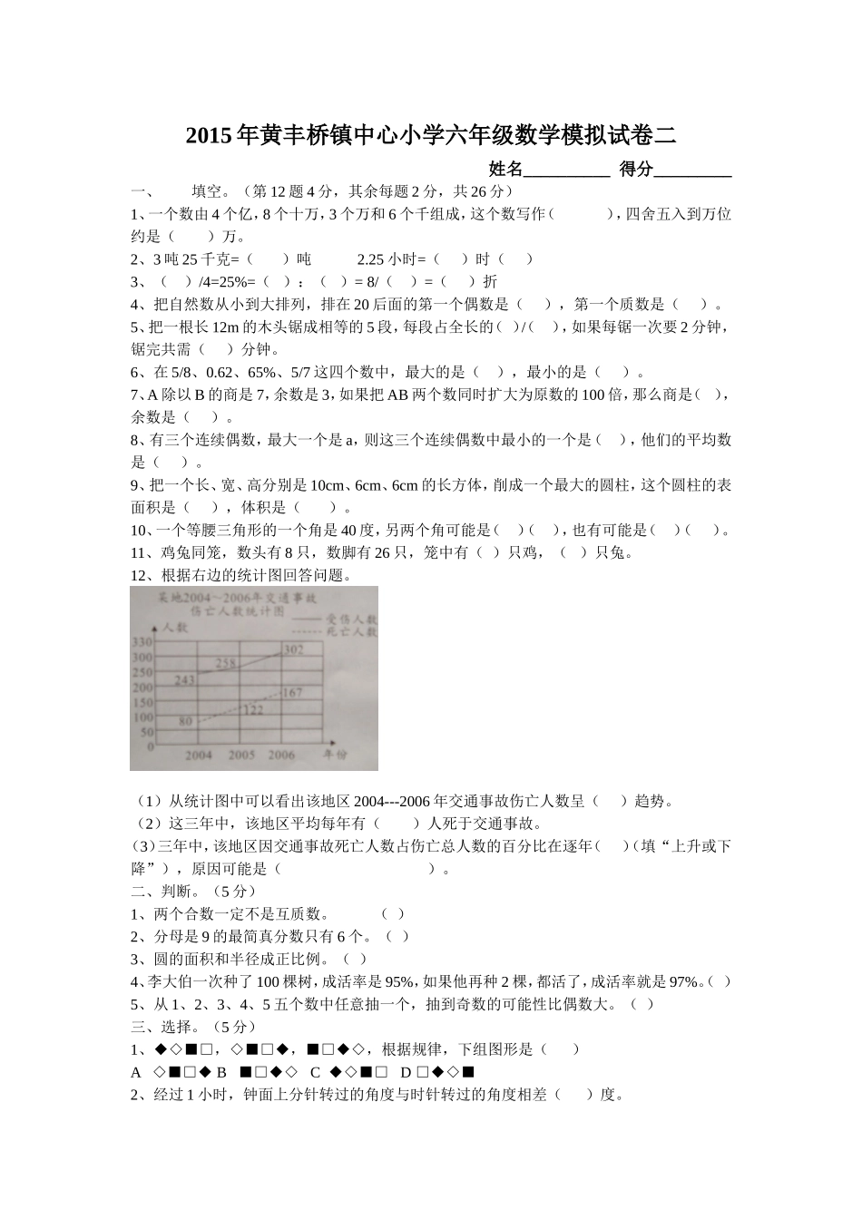 小六数学模拟试卷二_第1页