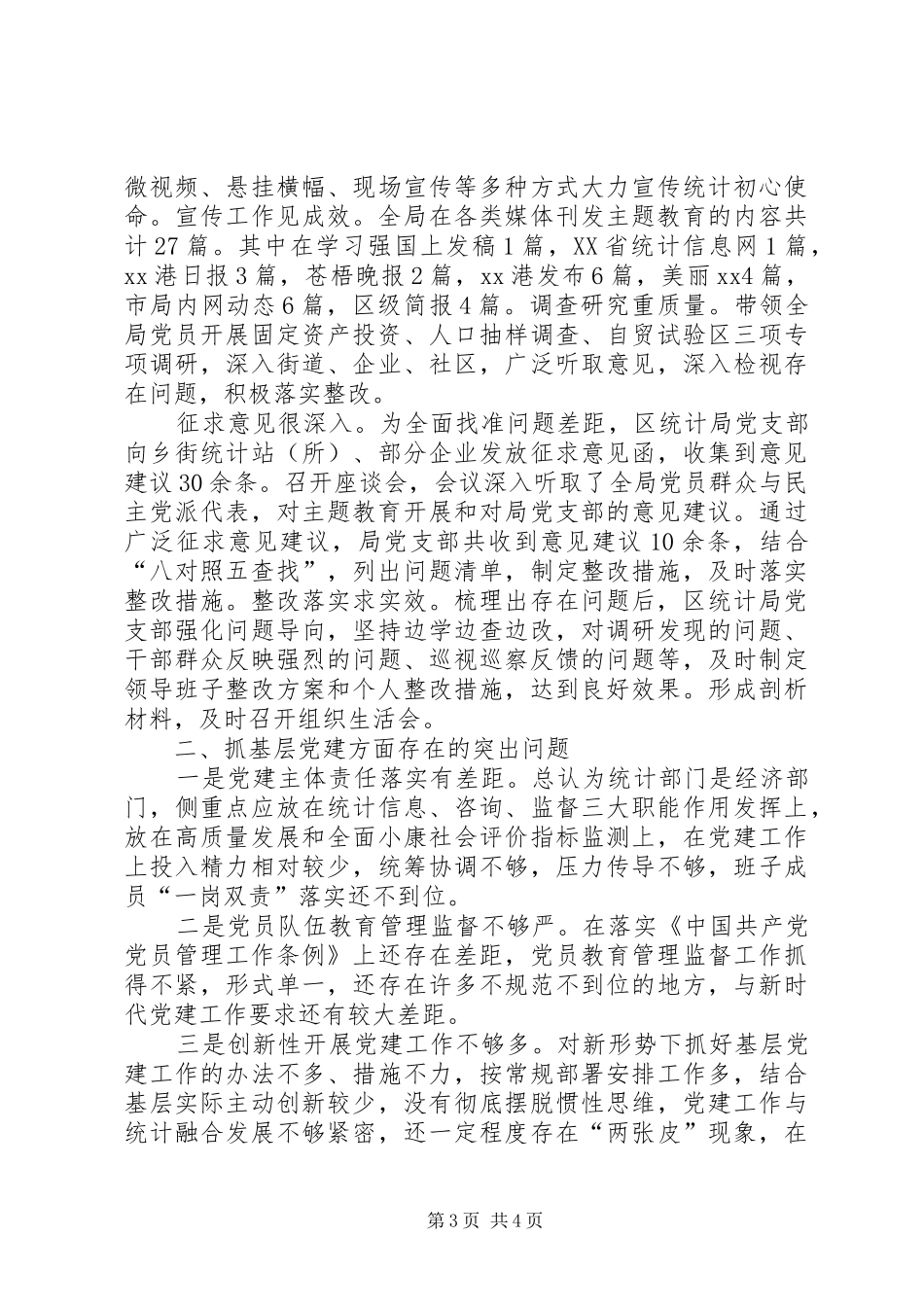 区统计局党支部书记XX年抓基层党建工作述职报告_第3页