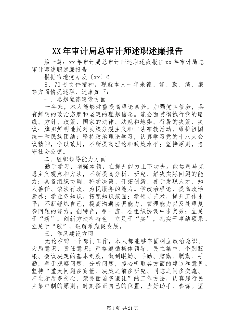 XX年审计局总审计师述职述廉报告_第1页