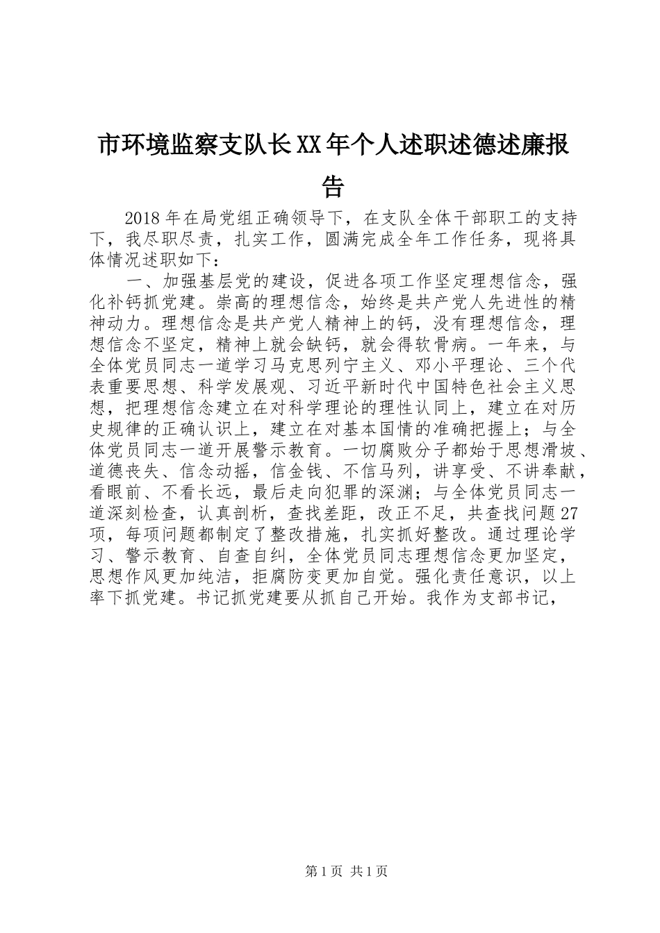 市环境监察支队长XX年个人述职述德述廉报告_第1页