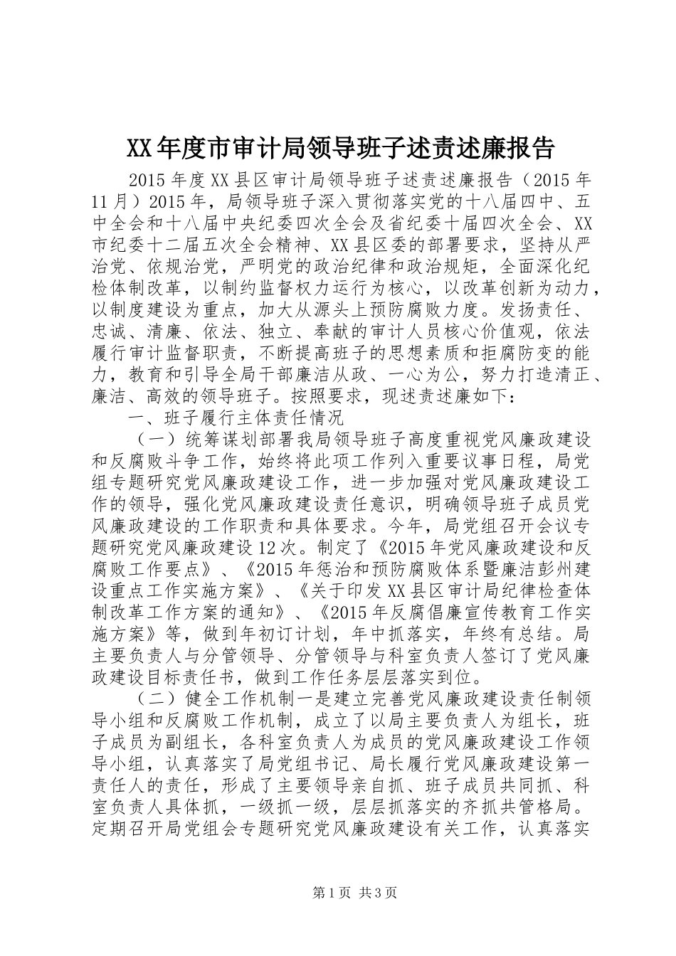 XX年度市审计局领导班子述责述廉报告_第1页
