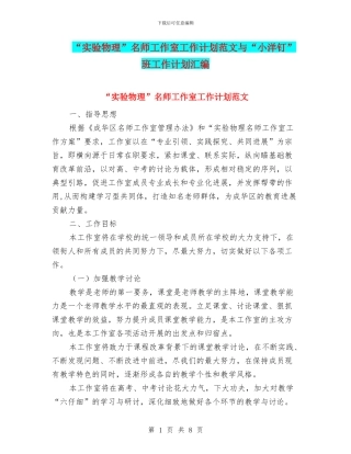 “实验物理”名师工作室工作计划范文与“小洋钉”班工作计划汇编