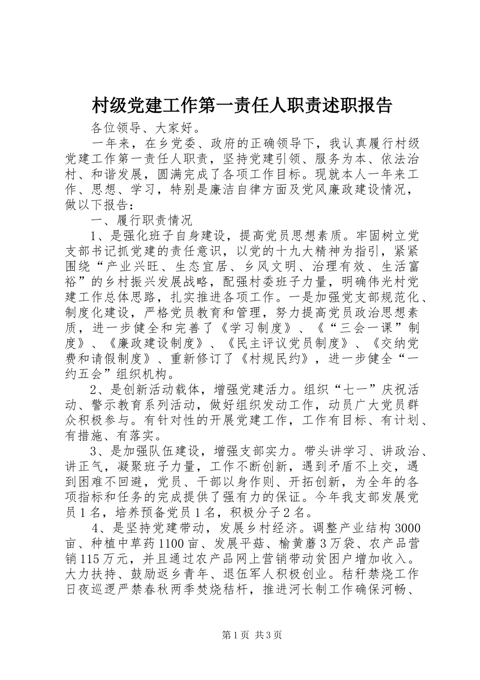 村级党建工作第一责任人职责述职报告_第1页