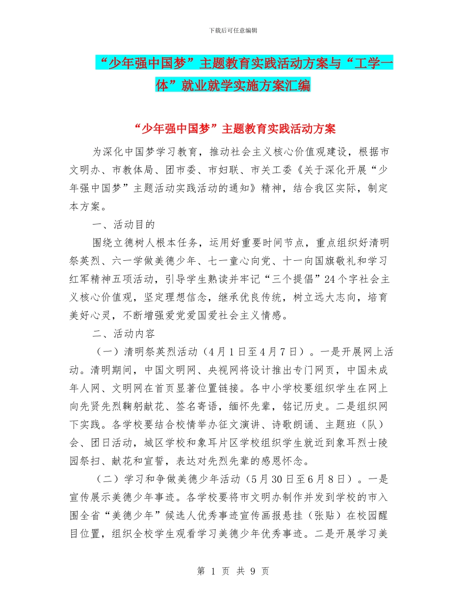 “少年强中国梦”主题教育实践活动方案与“工学一体”就业就学实施方案汇编_第1页