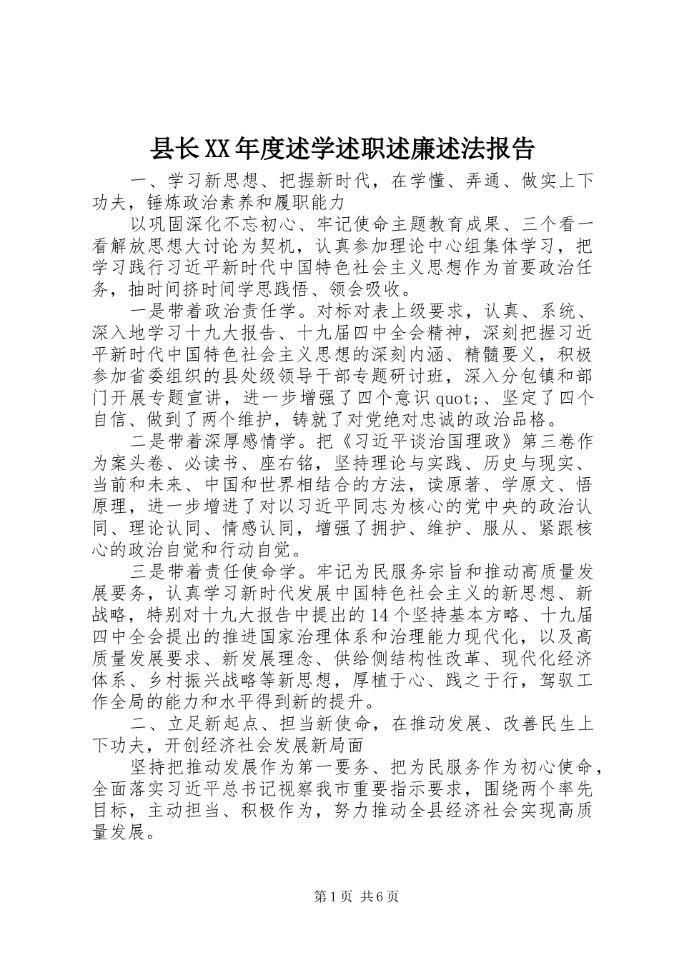 县长XX年度述学述职述廉述法报告_第1页