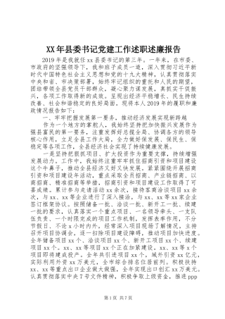XX年县委书记党建工作述职述廉报告