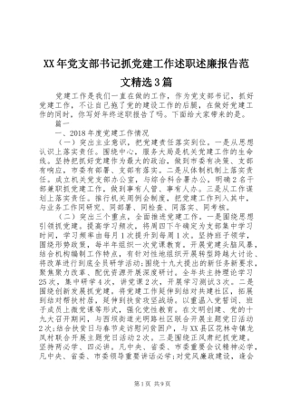 XX年党支部书记抓党建工作述职述廉报告范文精选3篇