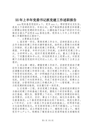 XX年上半年党委书记抓党建工作述职报告