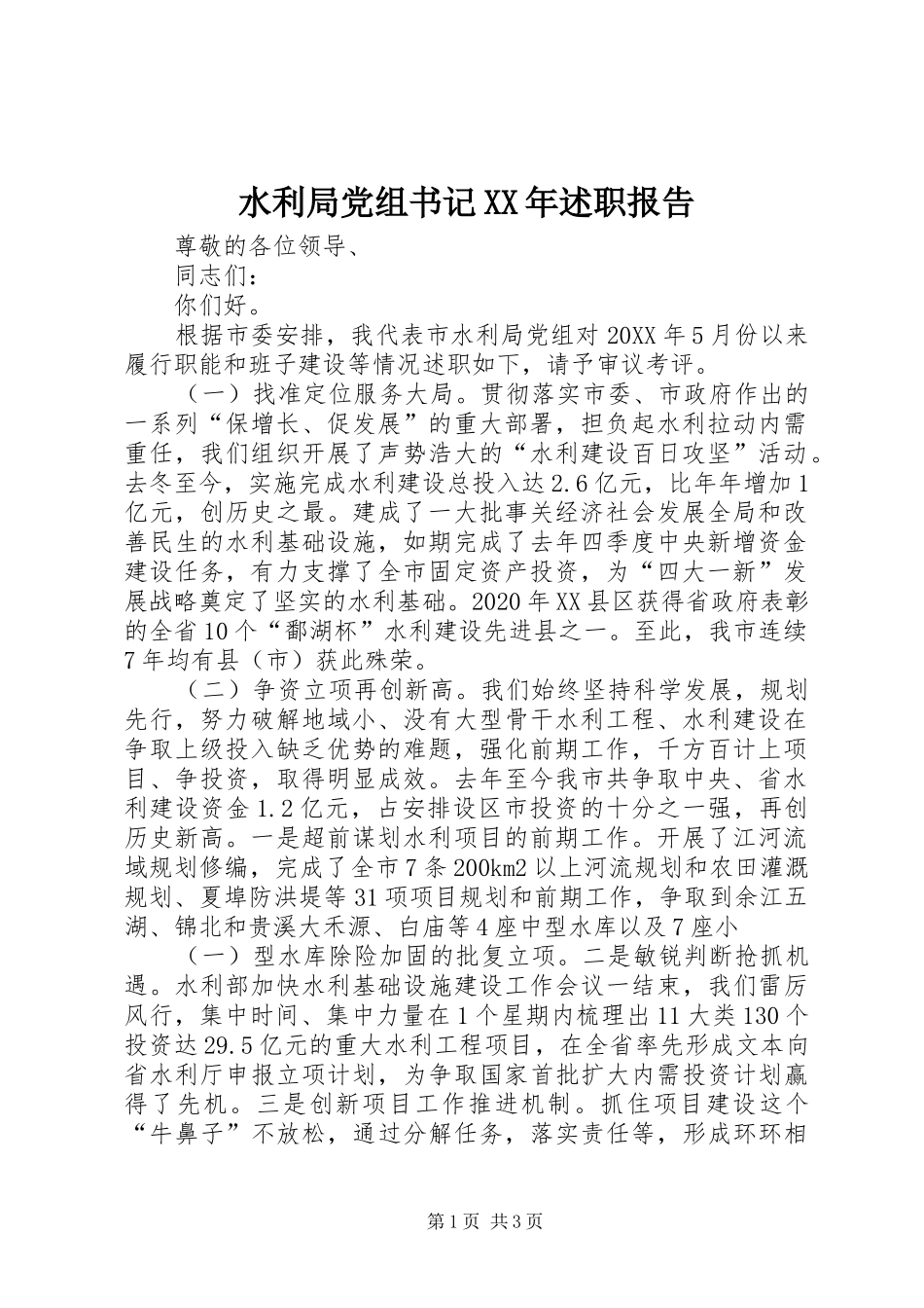 水利局党组书记XX年述职报告_第1页