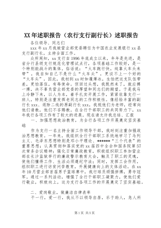 XX年述职报告（农行支行副行长）述职报告