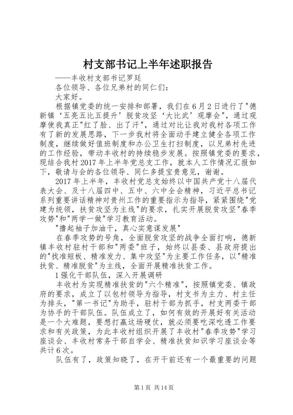 村支部书记上半年述职报告_第1页