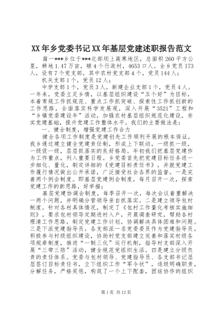 XX年乡党委书记XX年基层党建述职报告范文