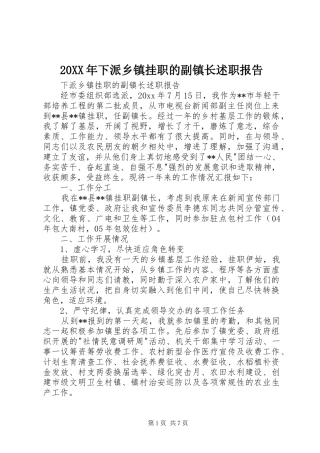 20XX年下派乡镇挂职的副镇长述职报告