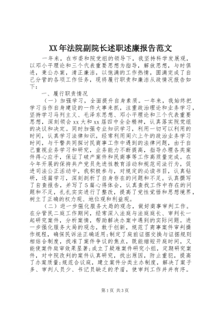 XX年法院副院长述职述廉报告范文