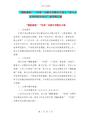 “懒散庸拖”“四难”问题专项整治方案与“我与企业同呼吸共命运”演讲稿汇编
