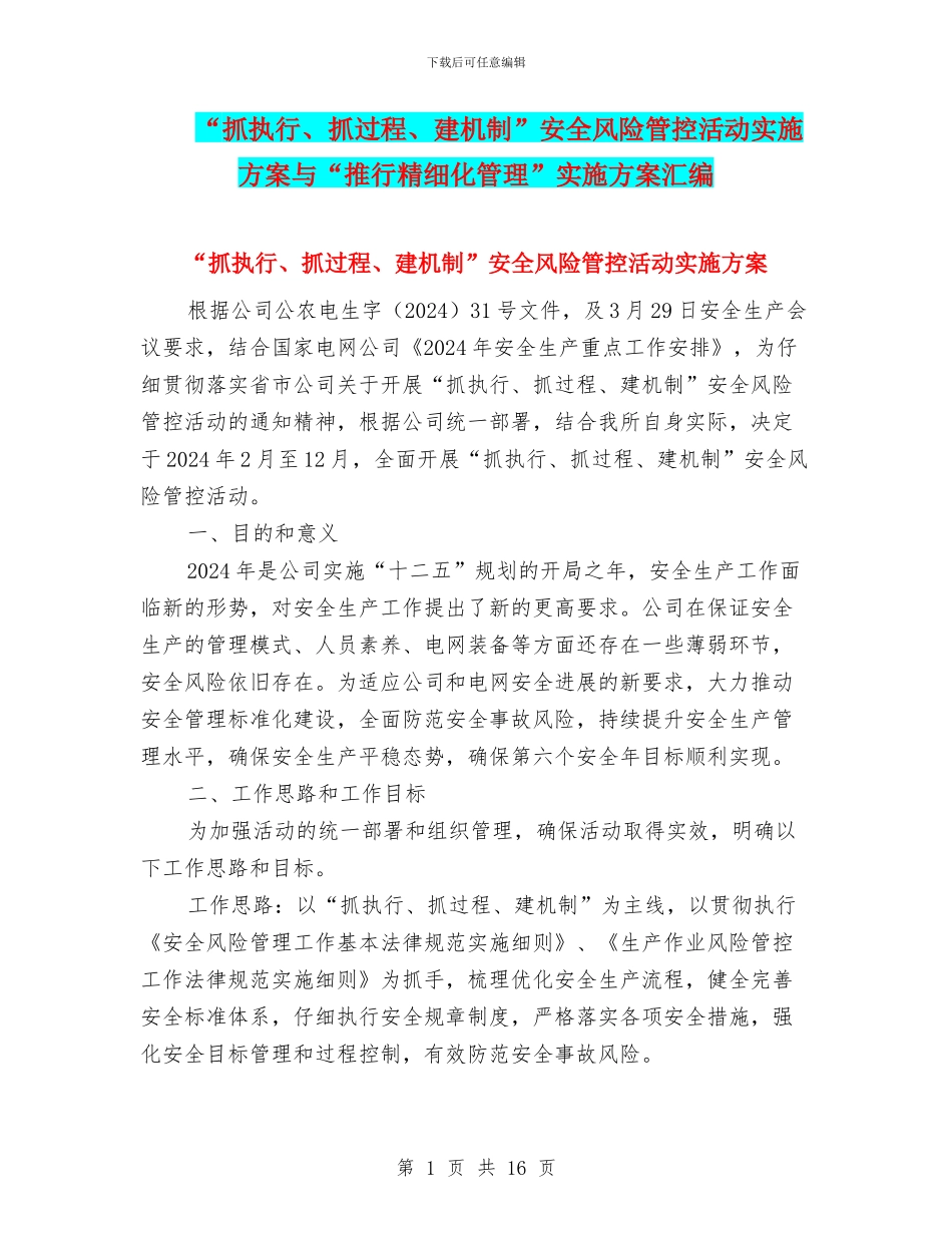 “抓执行、抓过程、建机制”安全风险管控活动实施方案与“推行精细化管理”实施方案汇编_第1页