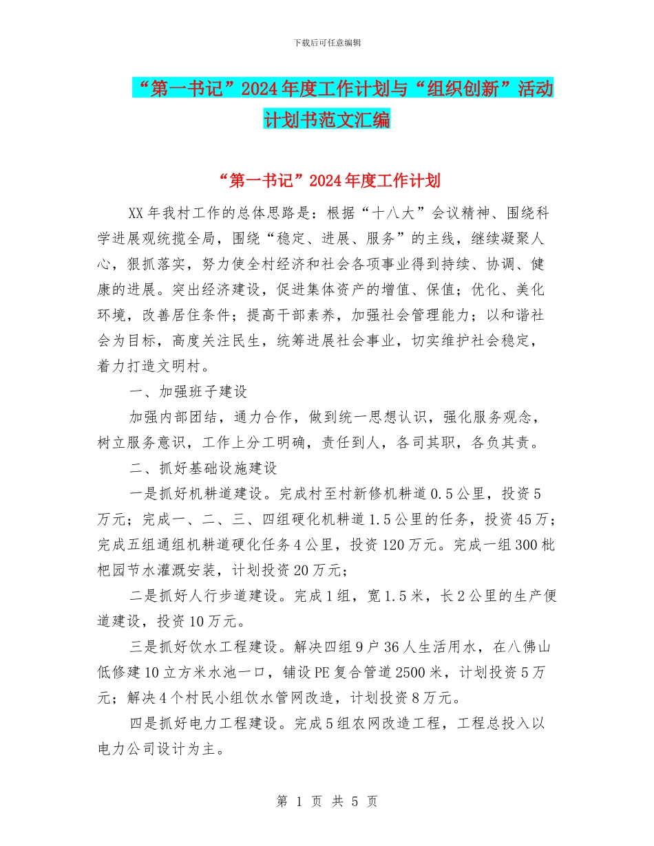 “第一书记”2024年度工作计划与“组织创新”活动计划书范文汇编_第1页