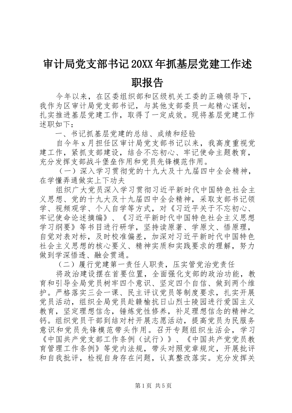 审计局党支部书记20XX年抓基层党建工作述职报告_第1页