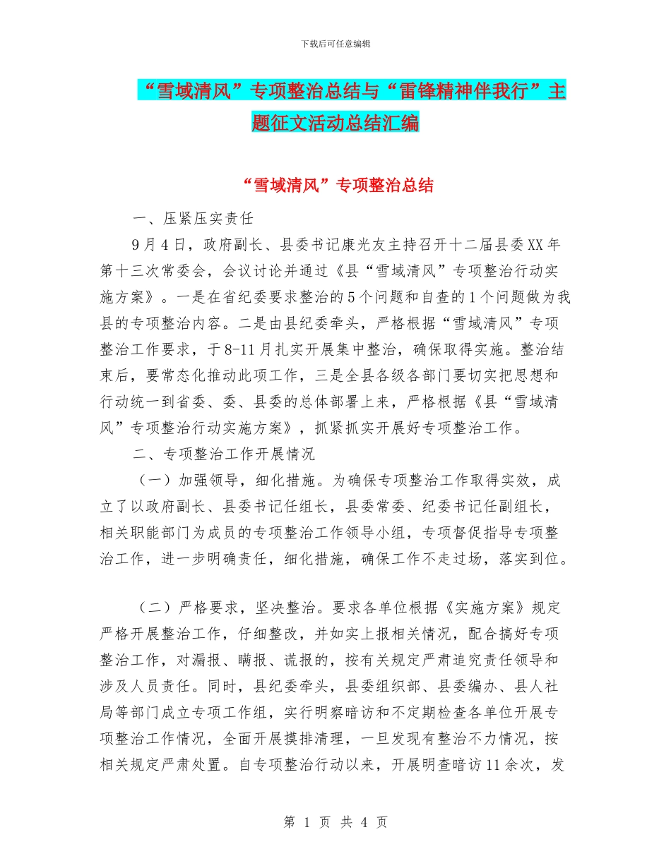 “雪域清风”专项整治总结与“雷锋精神伴我行”主题征文活动总结汇编_第1页