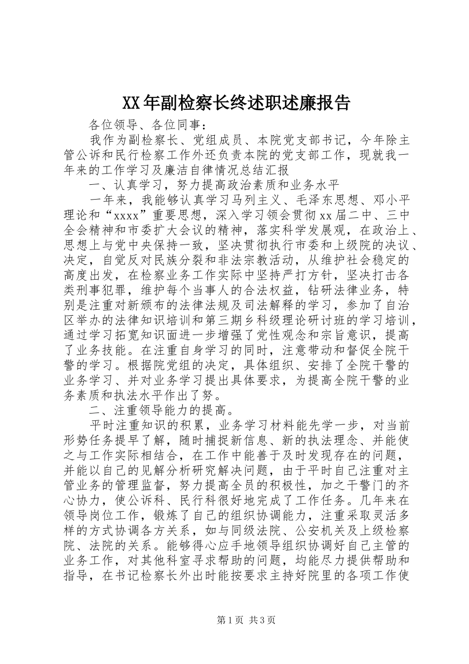 XX年副检察长终述职述廉报告_第1页