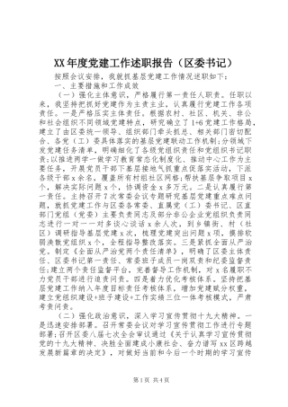 XX年度党建工作述职报告（区委书记）