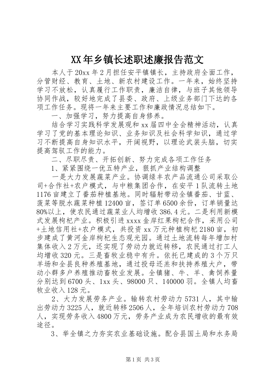 XX年乡镇长述职述廉报告范文_第1页