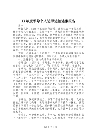 XX年度领导个人述职述德述廉报告