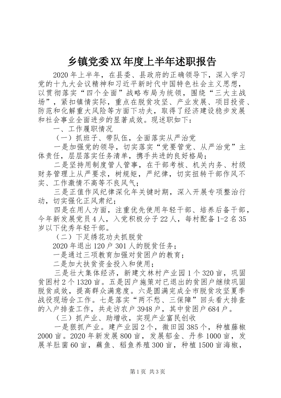 乡镇党委XX年度上半年述职报告_第1页