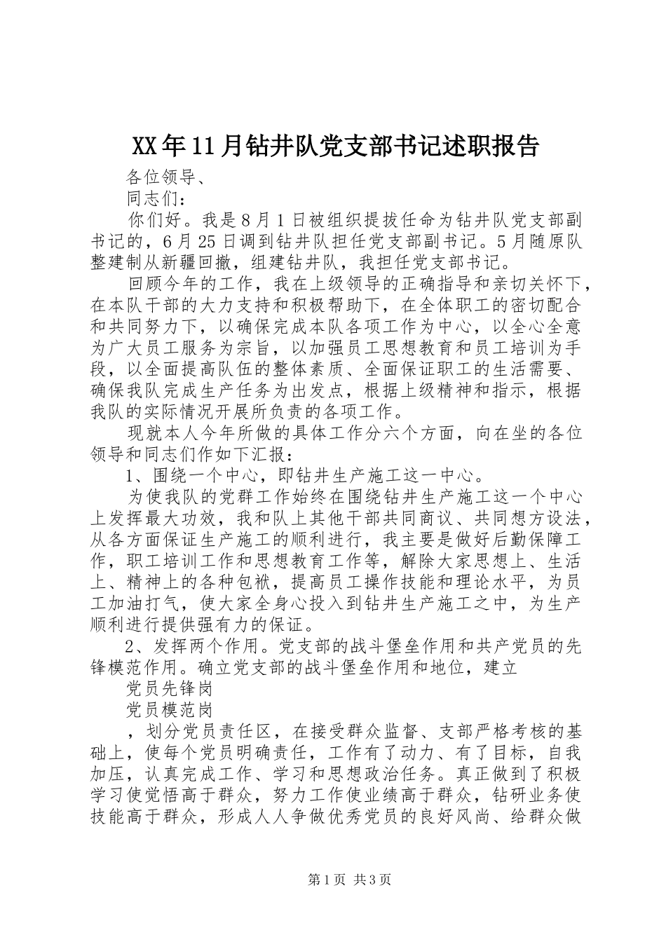 XX年11月钻井队党支部书记述职报告_第1页