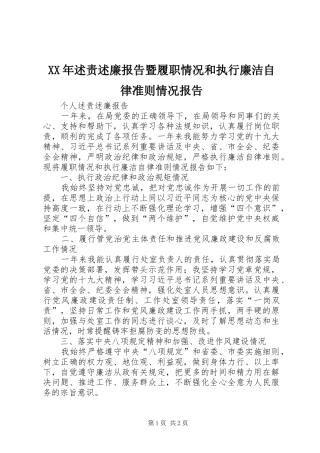 XX年述责述廉报告暨履职情况和执行廉洁自律准则情况报告