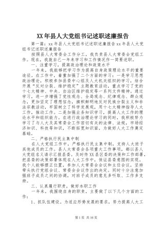 XX年县人大党组书记述职述廉报告