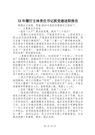 XX年履行主体责任书记抓党建述职报告