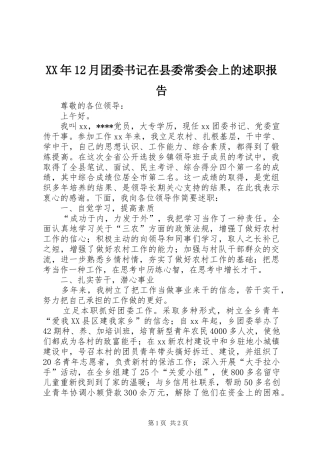 XX年12月团委书记在县委常委会上的述职报告