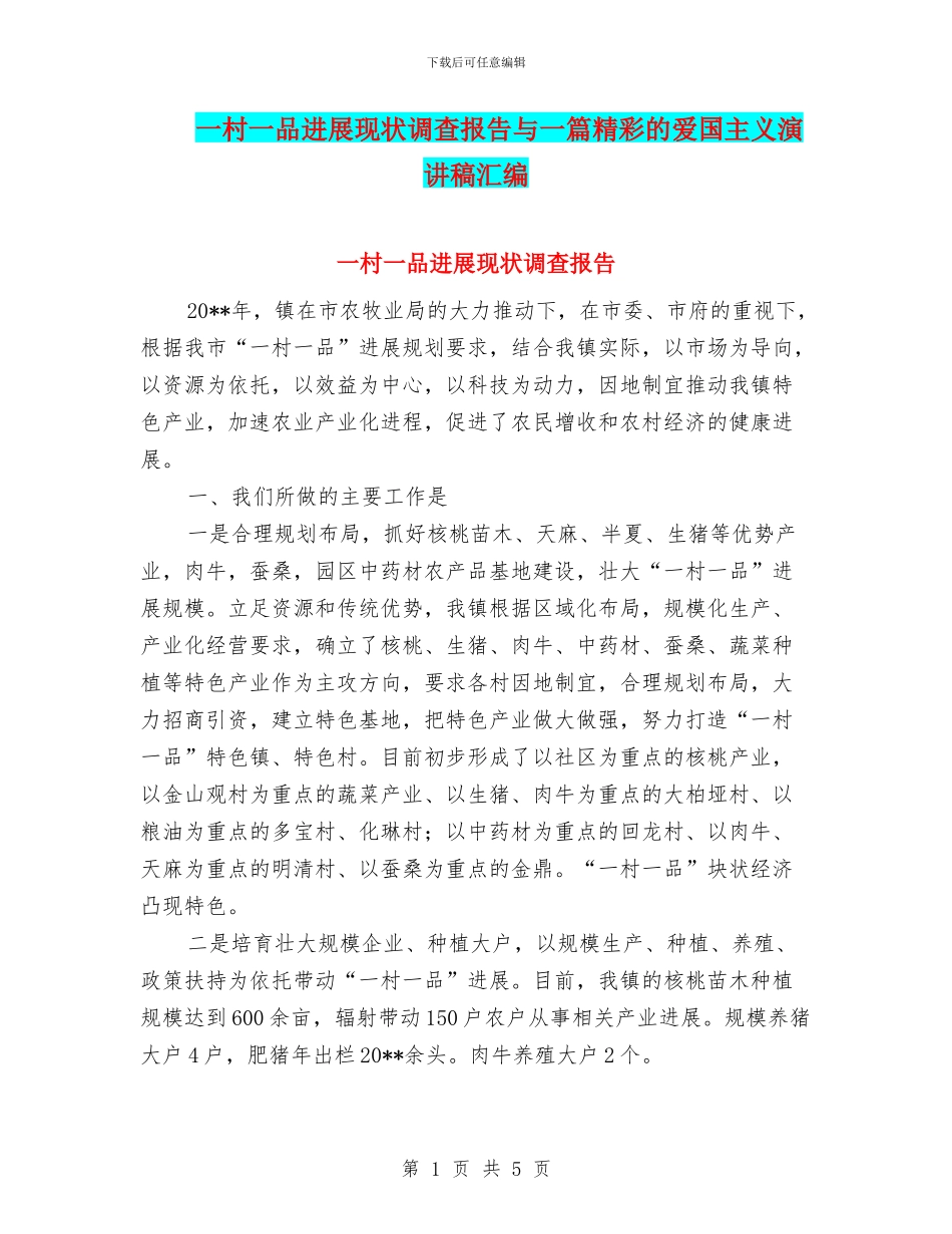 一村一品发展现状调查报告与一篇精彩的爱国主义演讲稿汇编_第1页