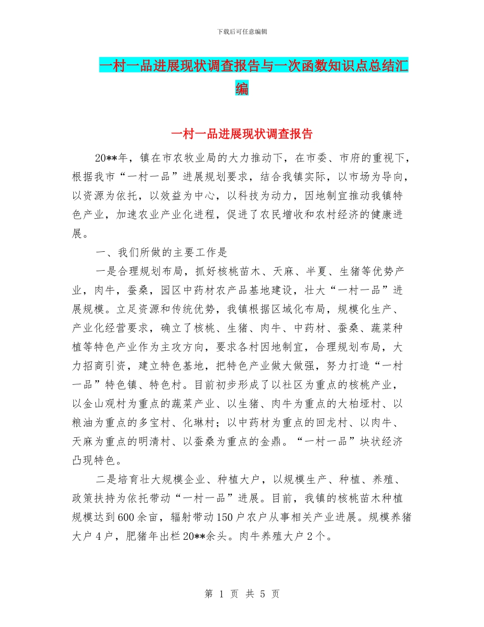 一村一品发展现状调查报告与一次函数知识点总结汇编_第1页