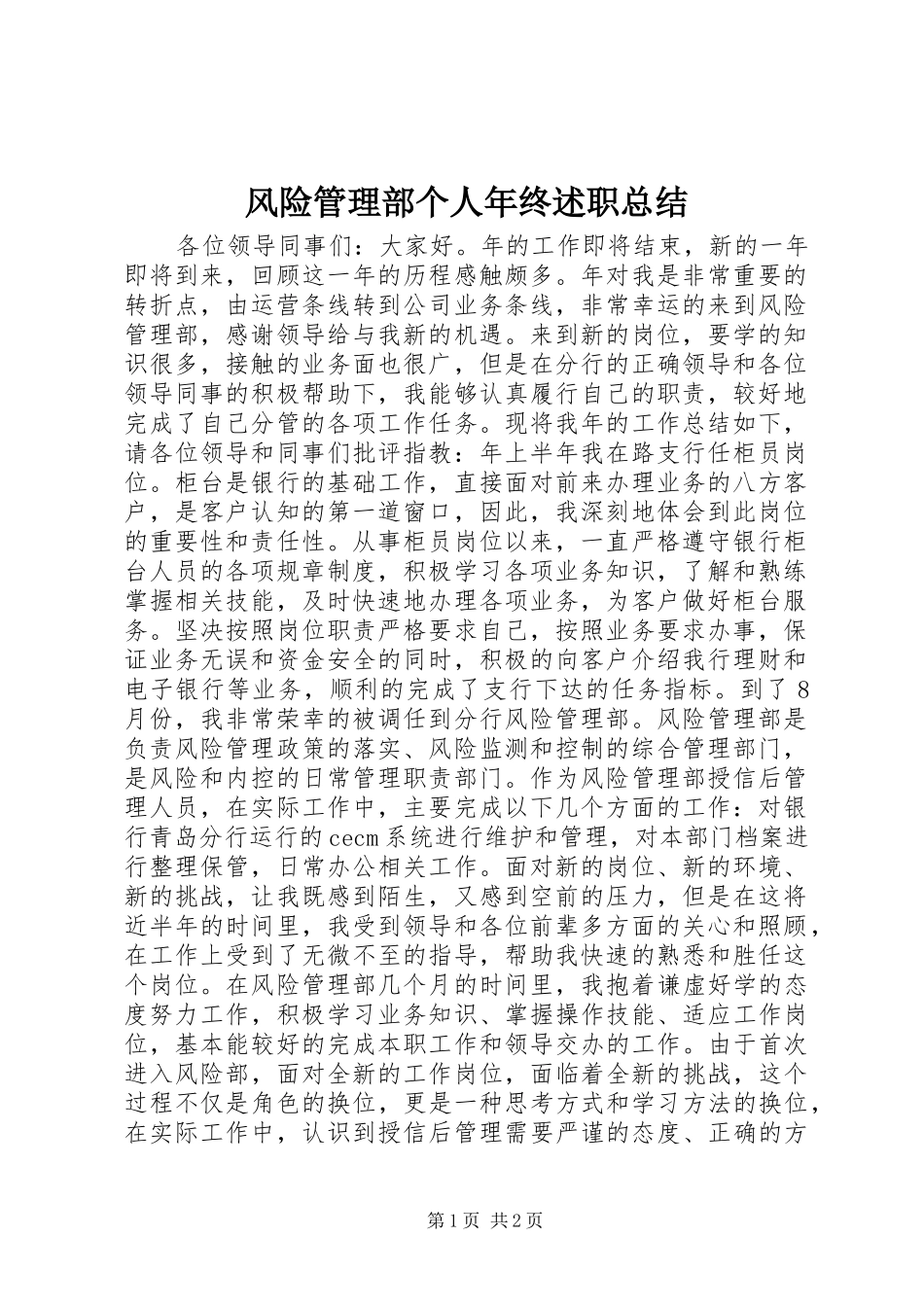 风险管理部个人年终述职总结_第1页