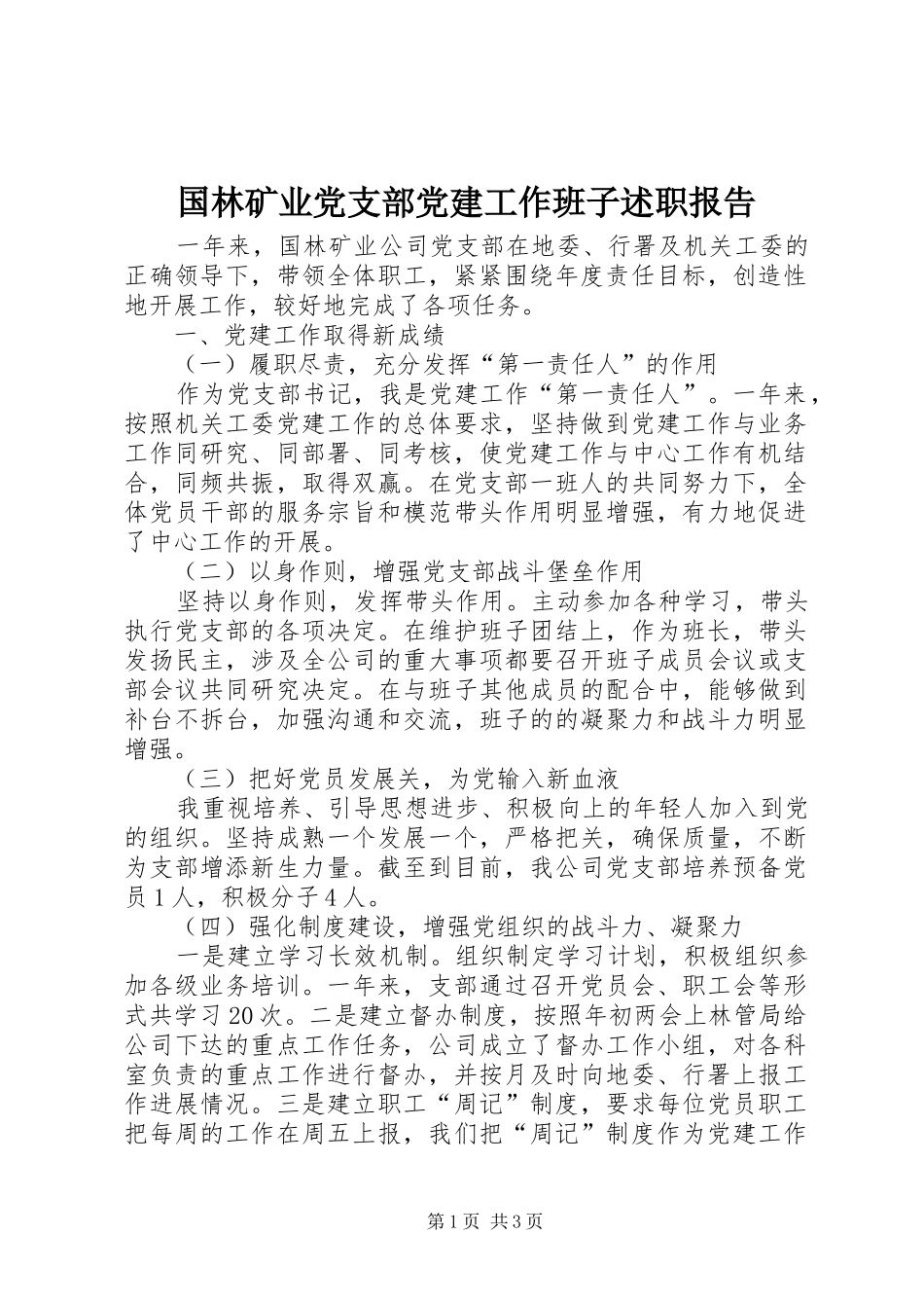 国林矿业党支部党建工作班子述职报告_第1页