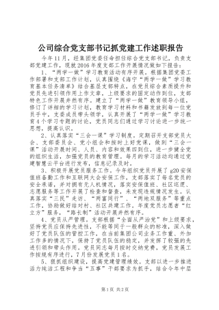 公司综合党支部书记抓党建工作述职报告