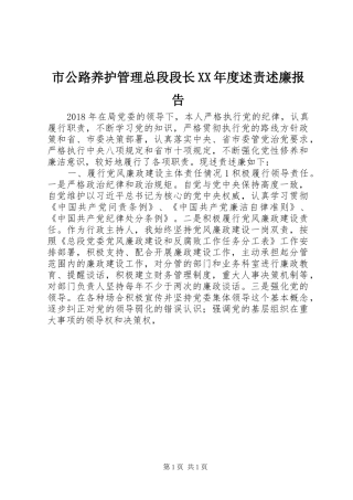 市公路养护管理总段段长XX年度述责述廉报告