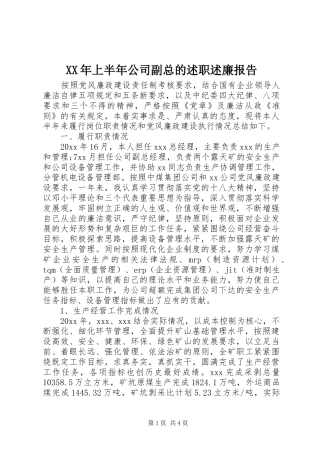 XX年上半年公司副总的述职述廉报告